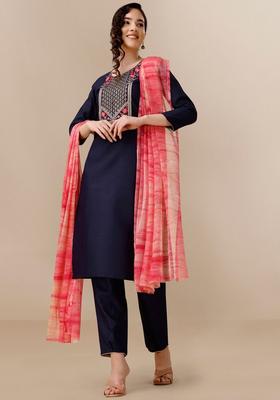 Navy Blue Embroidered Cotton Kurta Set
