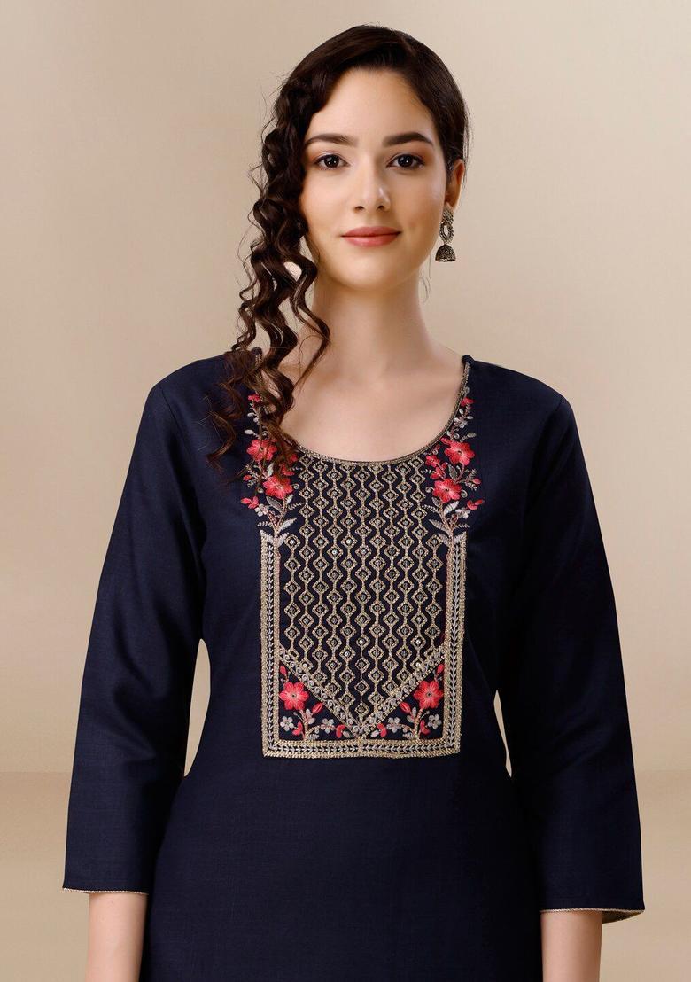 Navy Blue Embroidered Cotton Kurta Set - Indya