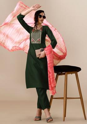 Green Embroidered Cotton Kurta Set