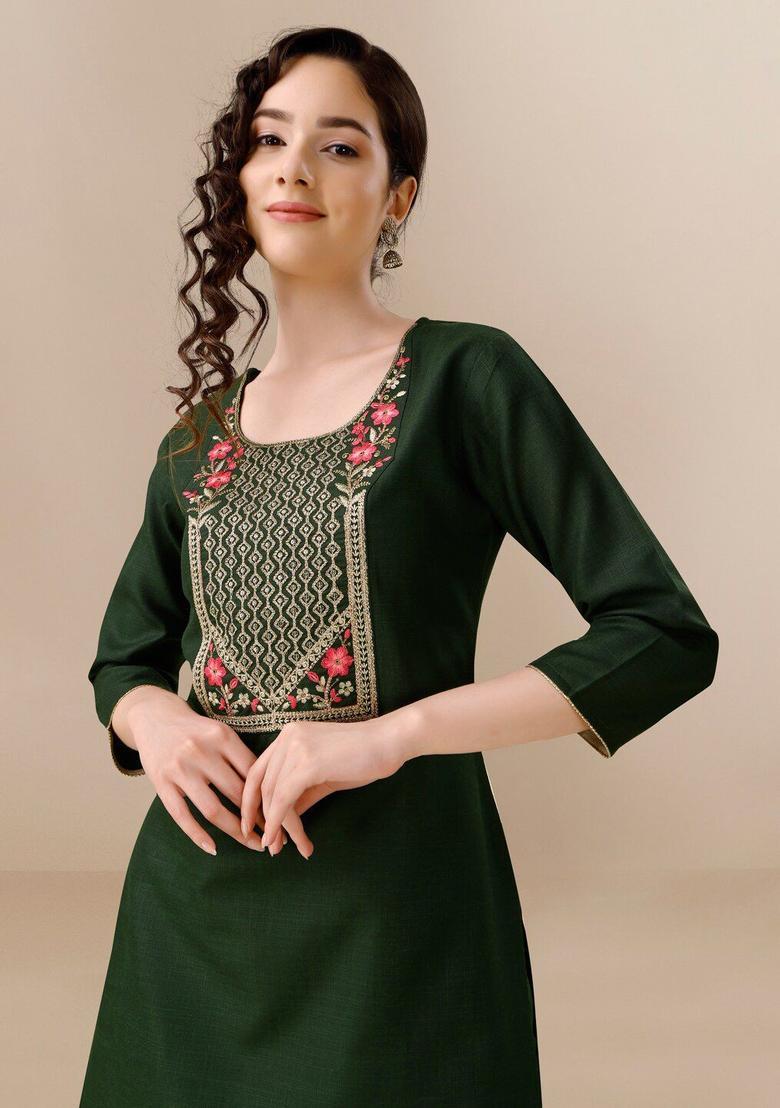 Green Embroidered Cotton Kurta Set - Indya