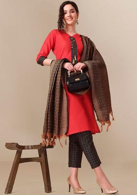 Red Yoke Design Cotton Kurta Set