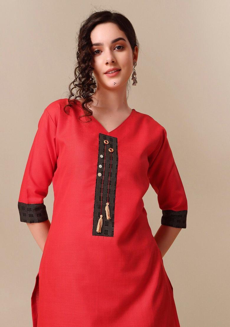 Red Yoke Design Cotton Kurta Set - Indya