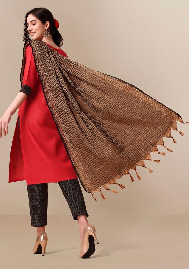 Red Yoke Design Cotton Kurta Set - Indya