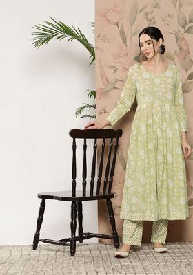 Green Printed Cotton Kurta Set
