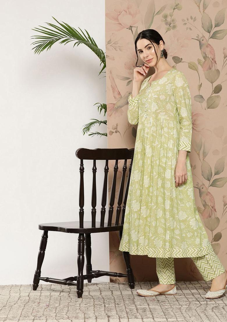 Green Printed Cotton Kurta Set - Indya