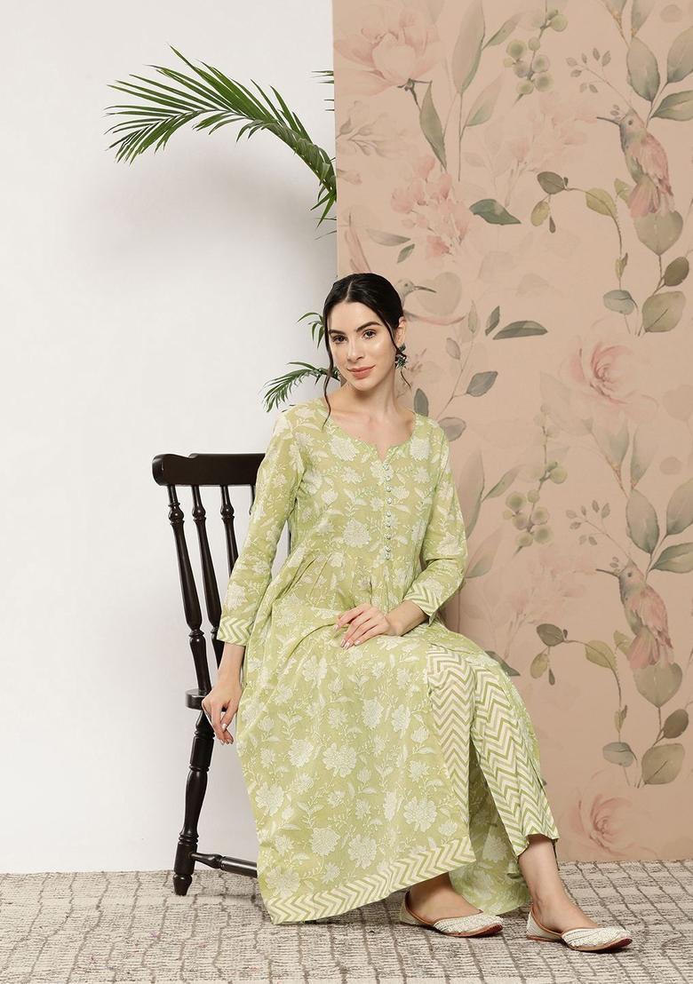 Green Printed Cotton Kurta Set - Indya