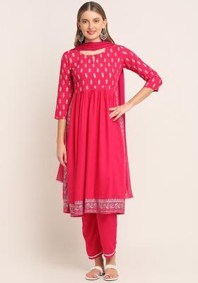 Pink Printed Viscose Kurta Set