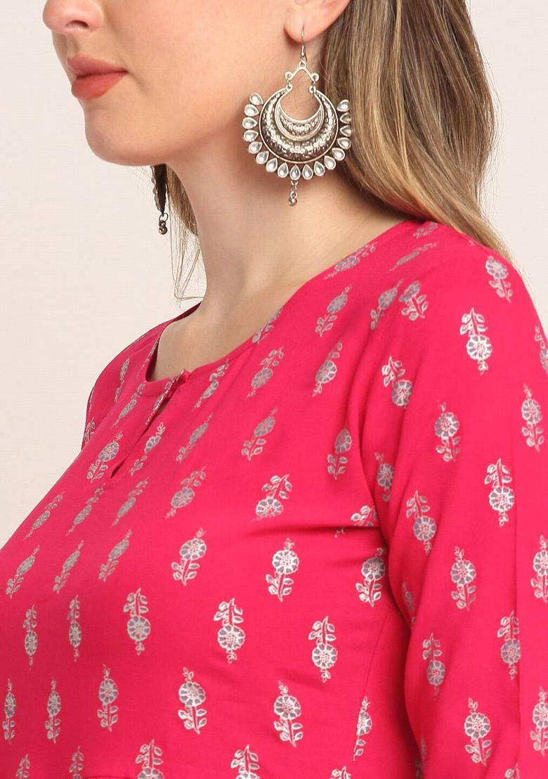 Pink Printed Viscose Kurta Set - Indya