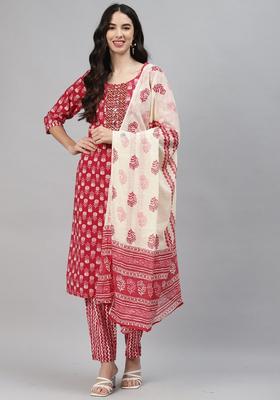Red Printed Cotton Kurta Set
