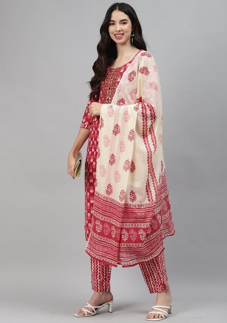 Red Printed Cotton Kurta Set - Indya