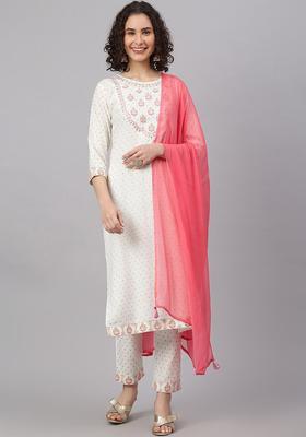 White Embroidered Viscose Kurta Set