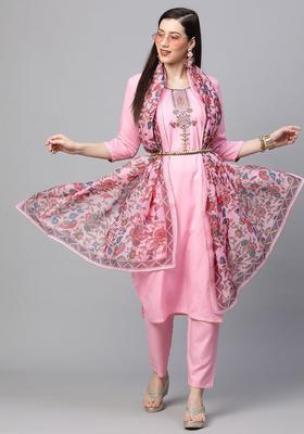 Pink Embroidered Cotton Kurta Set