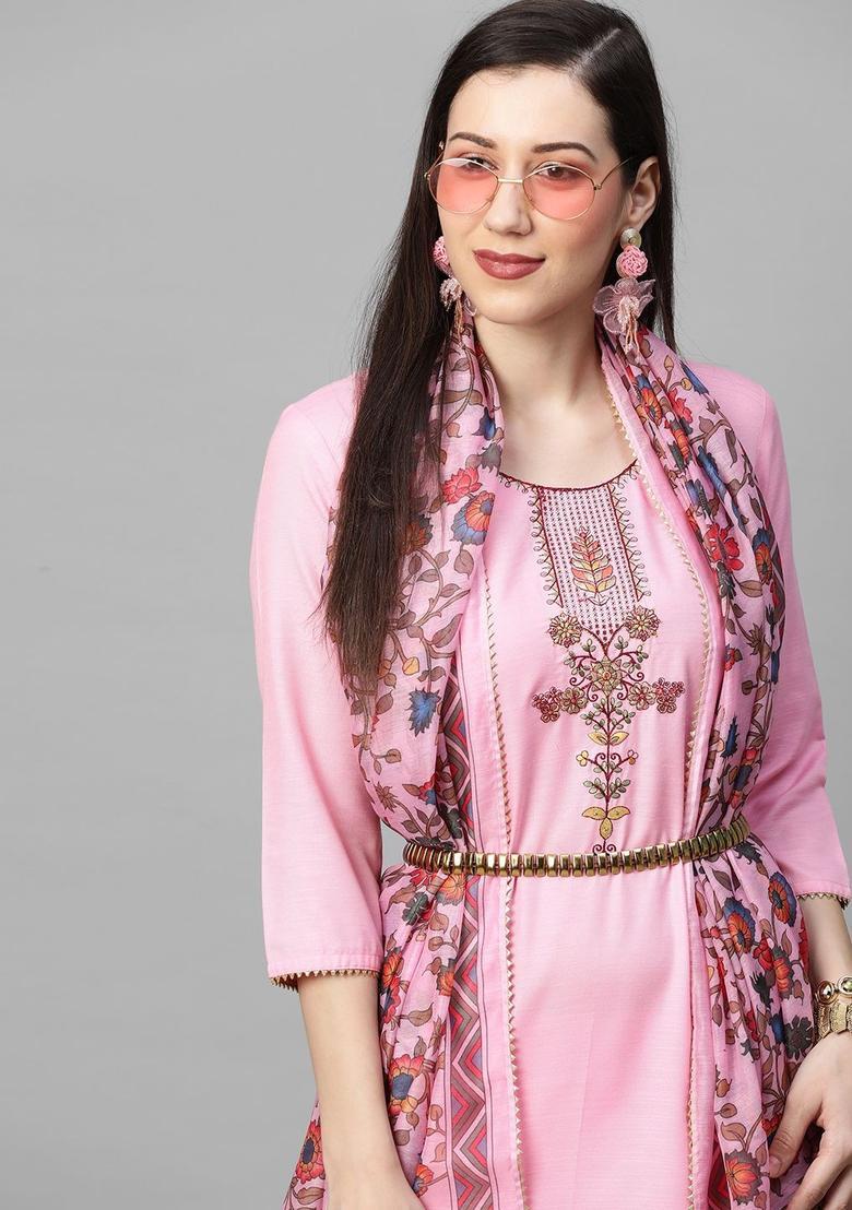 Pink Embroidered Cotton Kurta Set - Indya