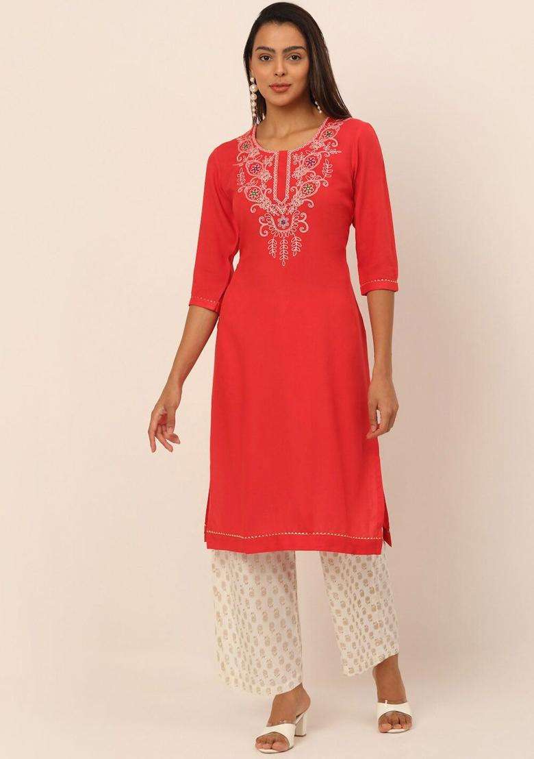 Coral Embroidered Viscose Kurta Set - Indya