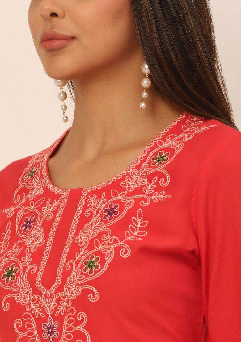 Coral Embroidered Viscose Kurta Set - Indya