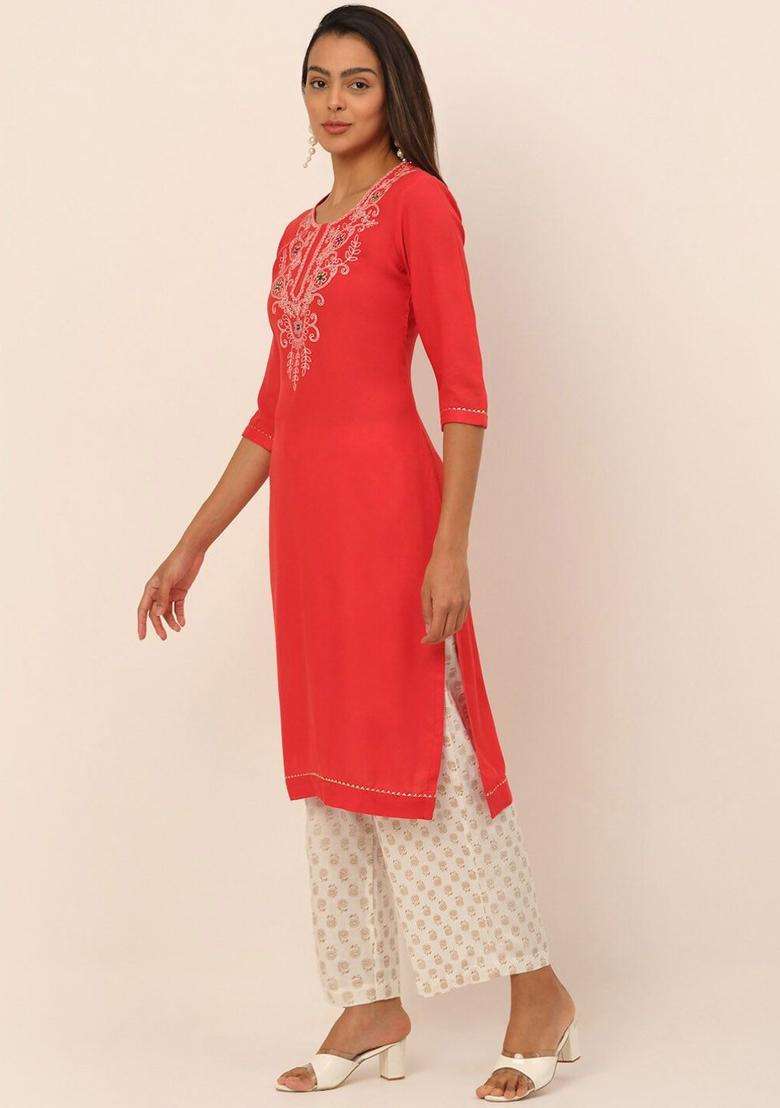 Coral Embroidered Viscose Kurta Set - Indya