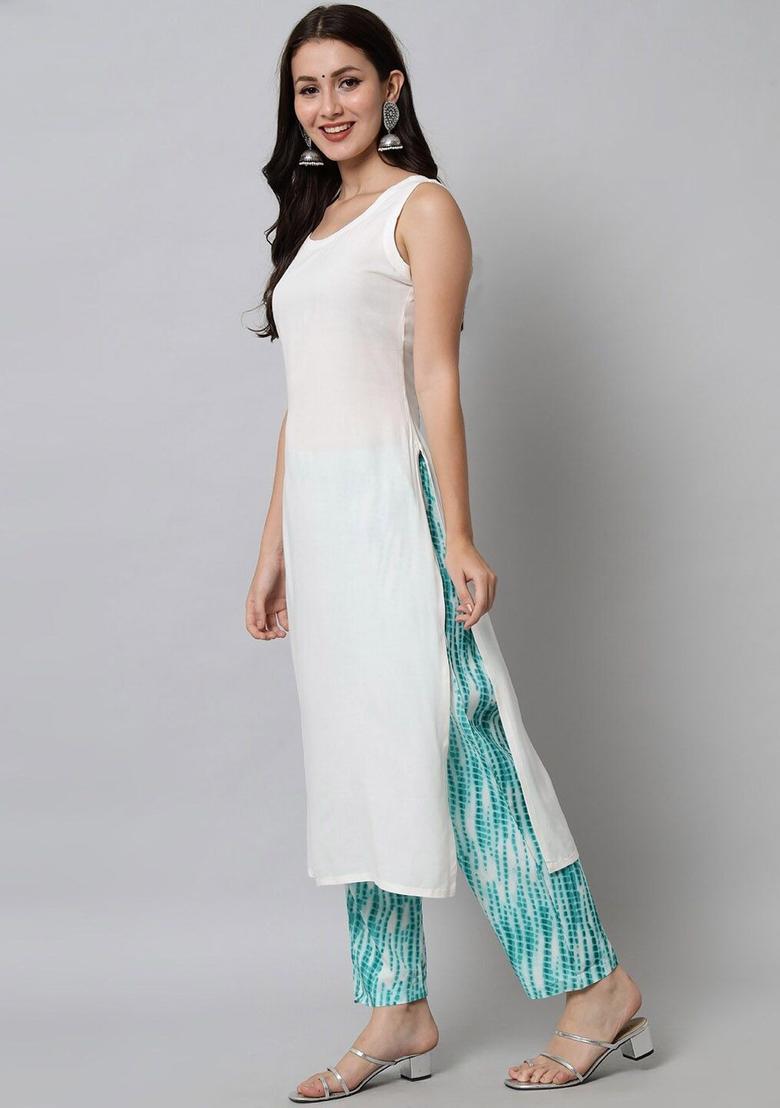 White Solid Viscose Kurta Set - Indya