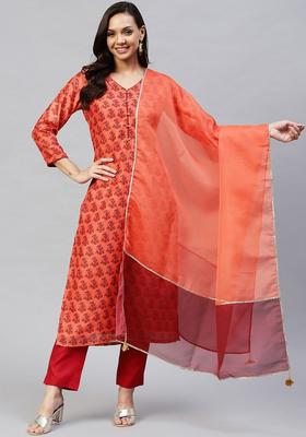 Orange Printed Cotton Kurta Set