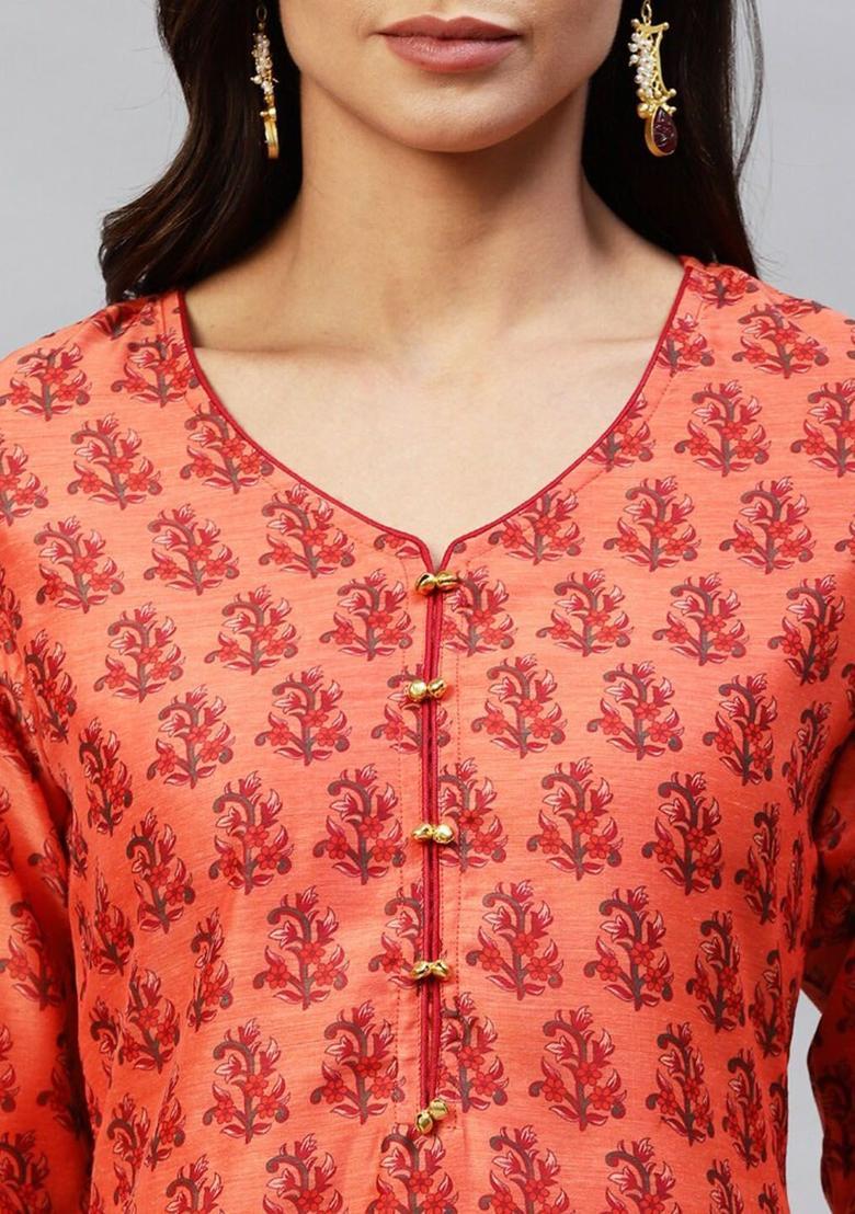 Orange Printed Cotton Kurta Set - Indya