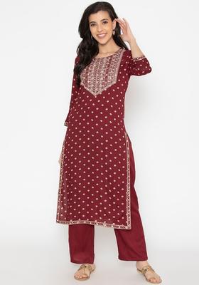 Maroon Printed Viscose Kurta Set