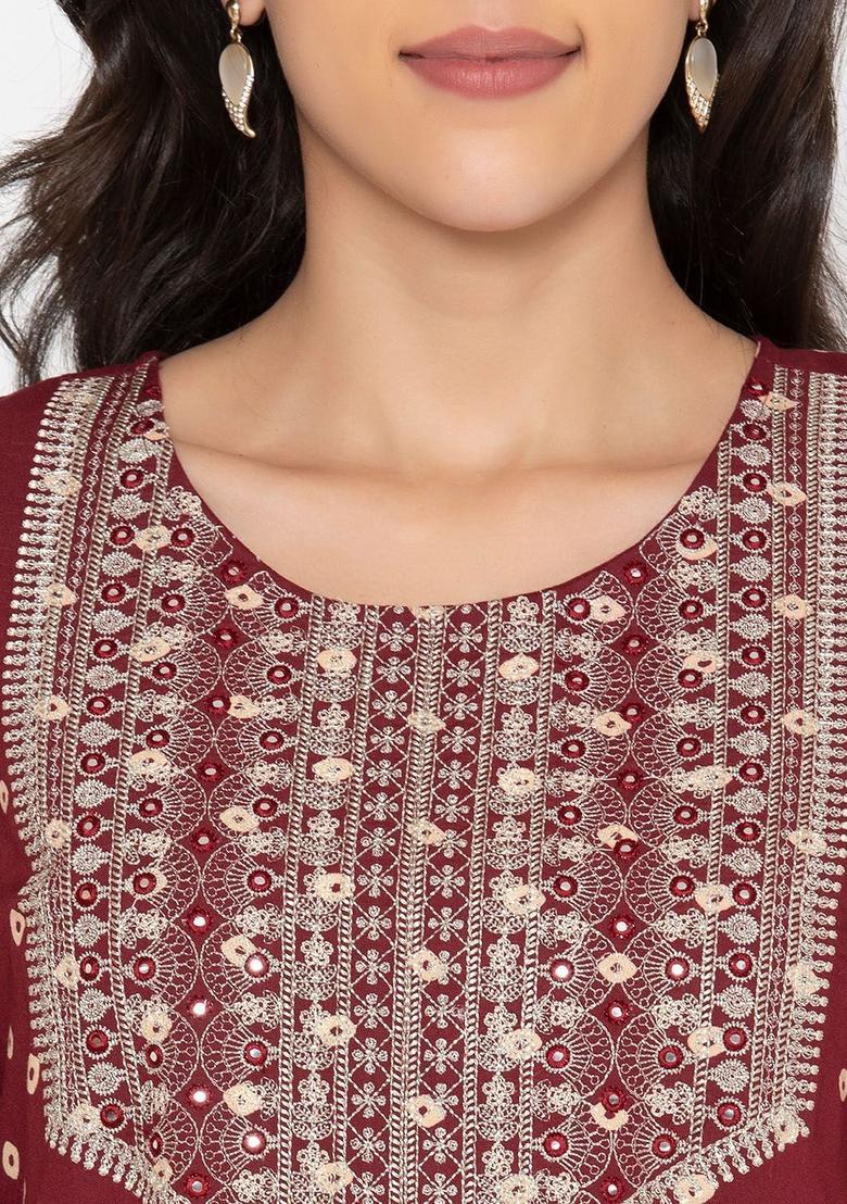 Maroon Printed Viscose Kurta Set - Indya