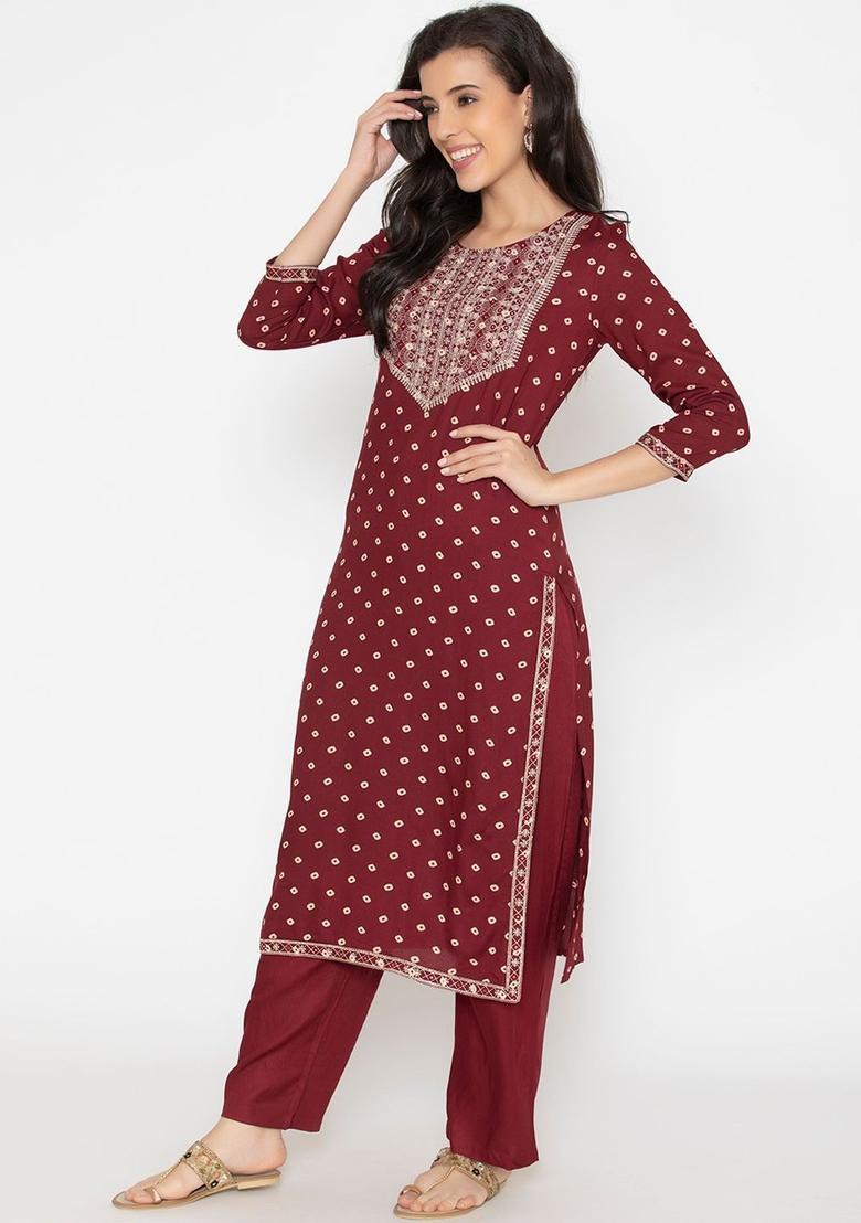 Maroon Printed Viscose Kurta Set - Indya