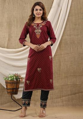 Maroon Embroidered Viscose Kurta Set
