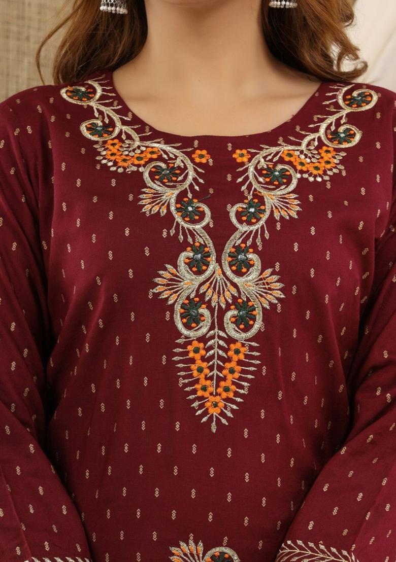 Maroon Embroidered Viscose Kurta Set - Indya