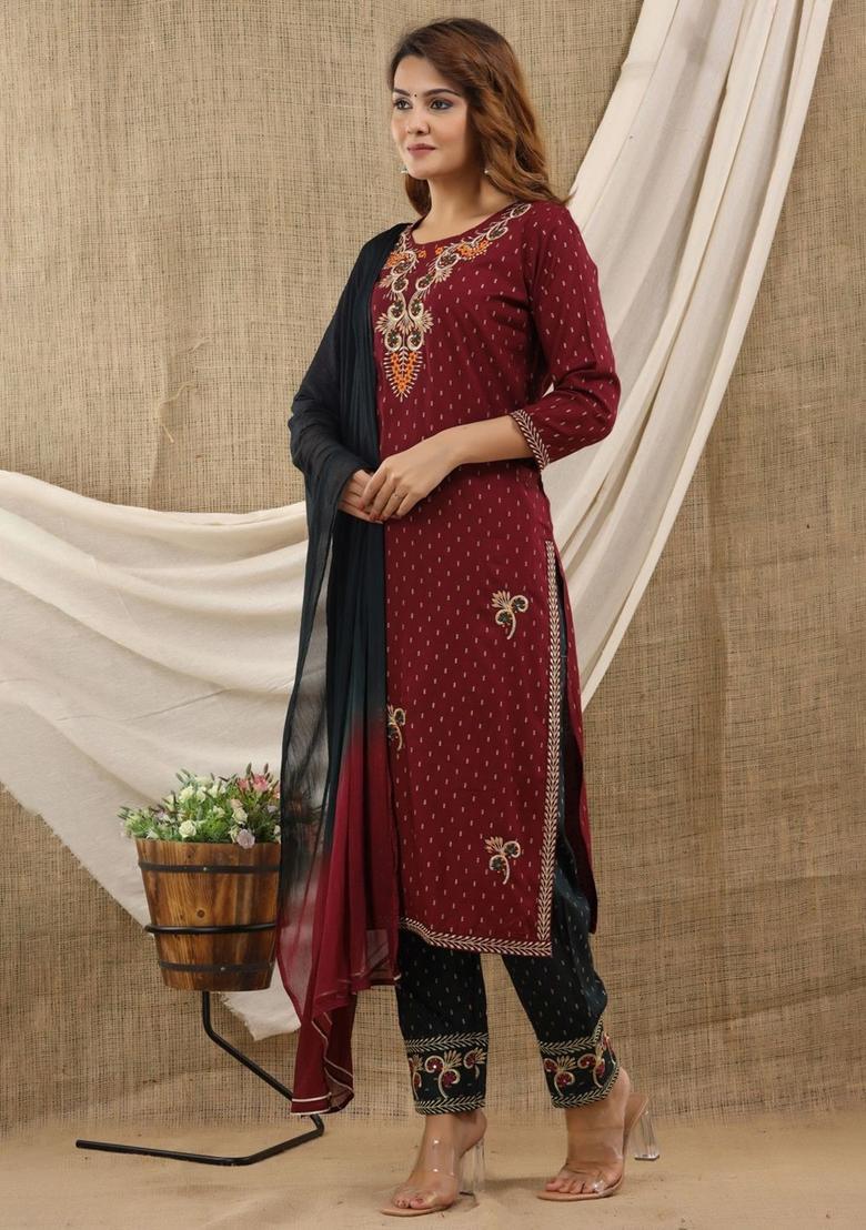 Maroon Embroidered Viscose Kurta Set - Indya