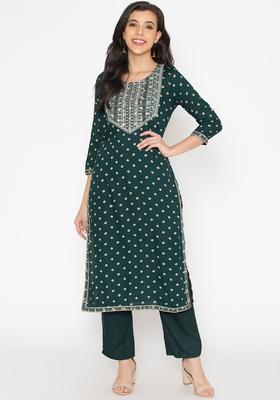 Green Printed Viscose Kurta Set