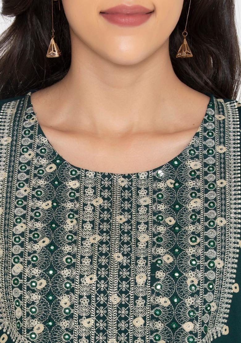 Green Printed Viscose Kurta Set - Indya