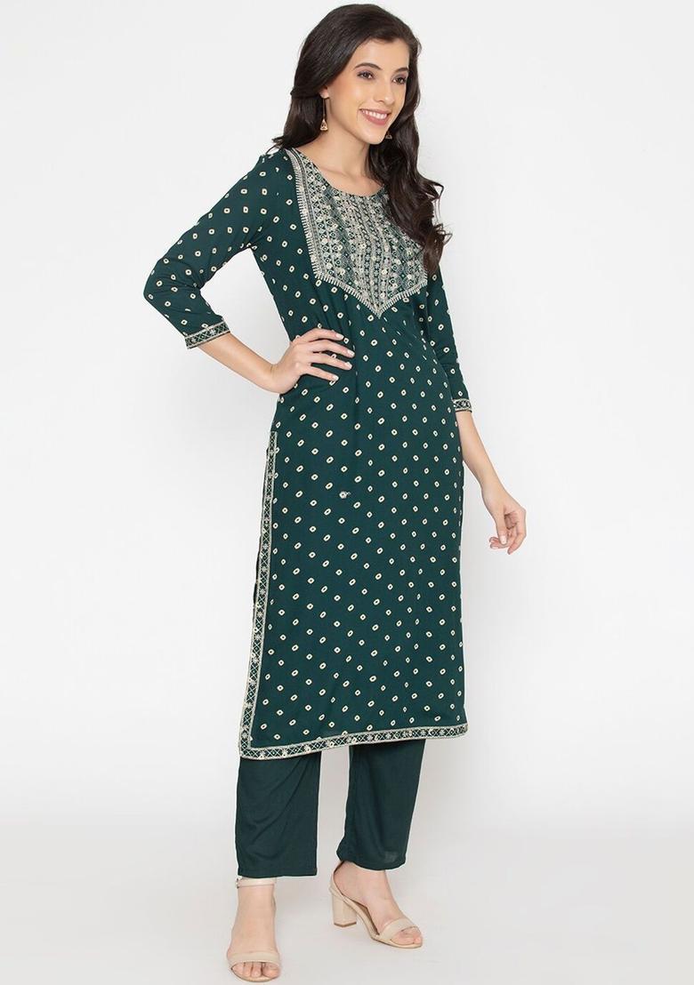 Green Printed Viscose Kurta Set - Indya