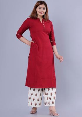 Maroon Solid Cotton Kurta Set