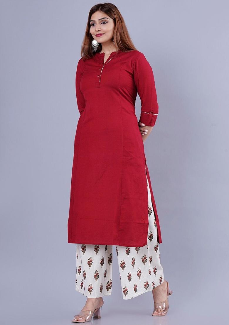 Maroon Solid Cotton Kurta Set - Indya
