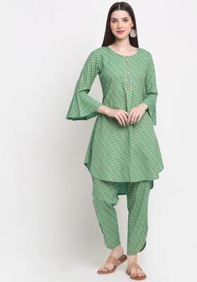 Green Self Design Viscose Kurta Set