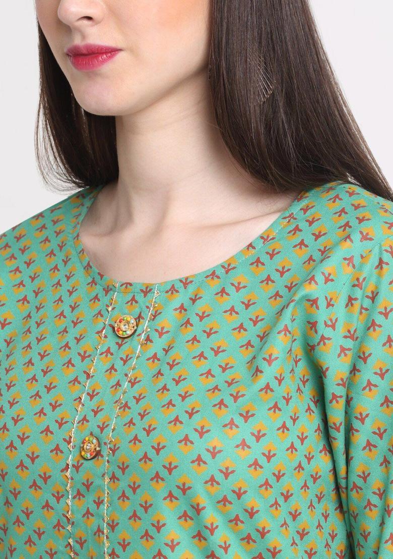 Green Self Design Viscose Kurta Set - Indya