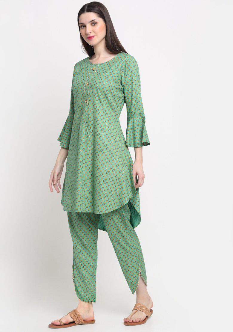 Green Self Design Viscose Kurta Set - Indya