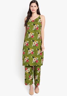Green Printed Crepe Kurta Set