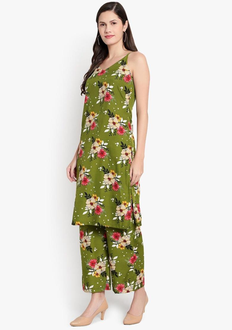 Green Printed Crepe Kurta Set - Indya