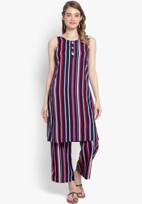 Navy Blue Printed Crepe Kurta Set