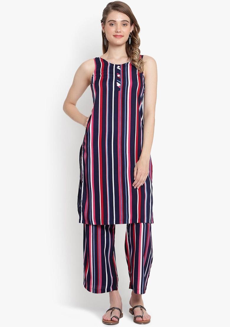 Navy Blue Printed Crepe Kurta Set - Indya