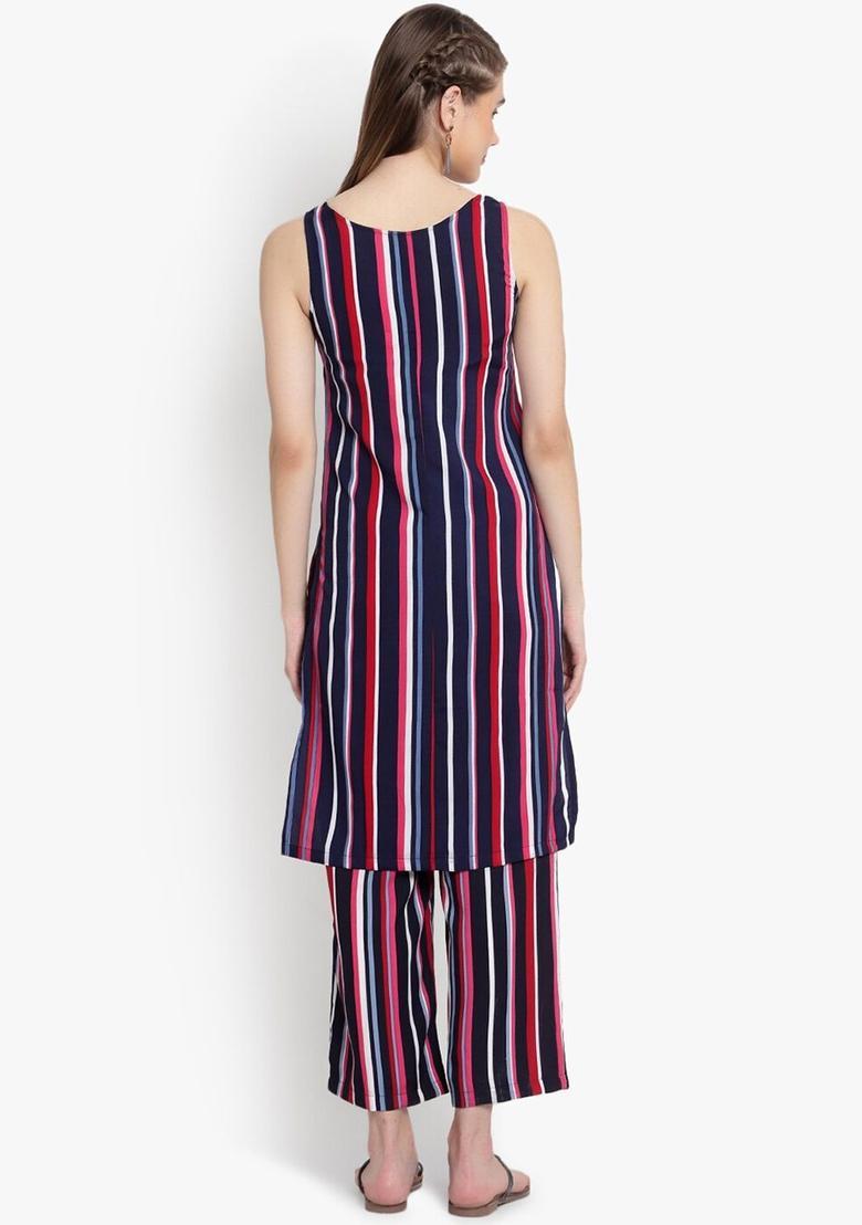 Navy Blue Printed Crepe Kurta Set - Indya