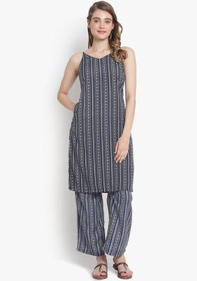 Black Printed Crepe Kurta Set