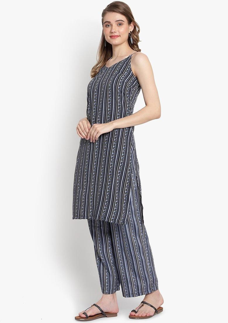 Black Printed Crepe Kurta Set - Indya