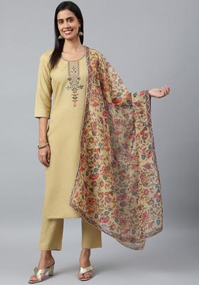 Beige Embroidered Cotton Kurta Set