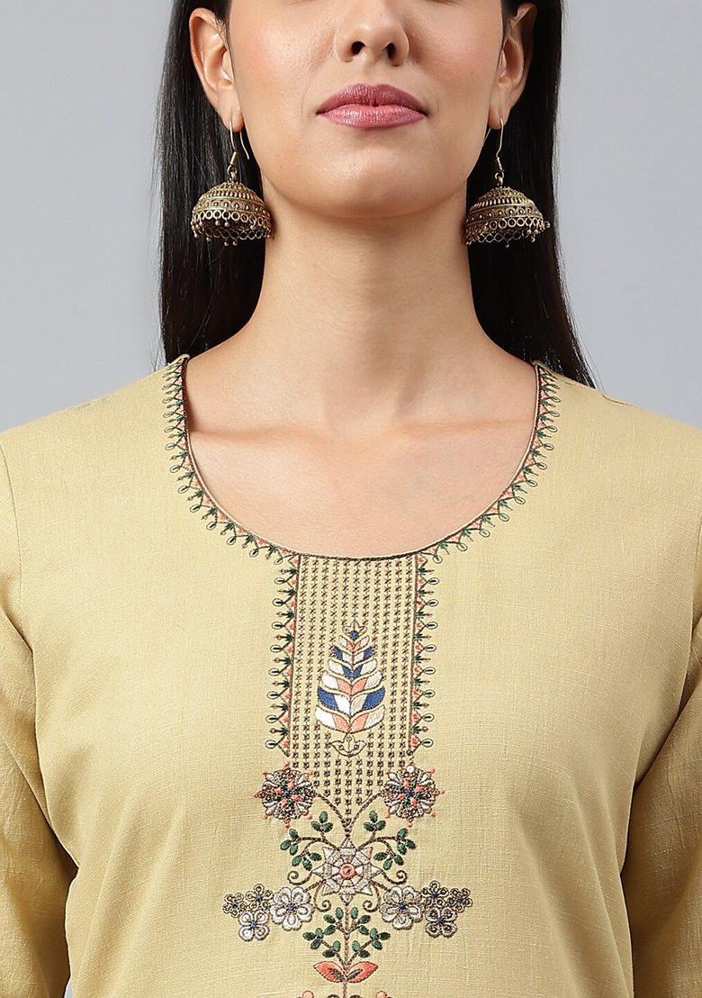 Beige Embroidered Cotton Kurta Set - Indya