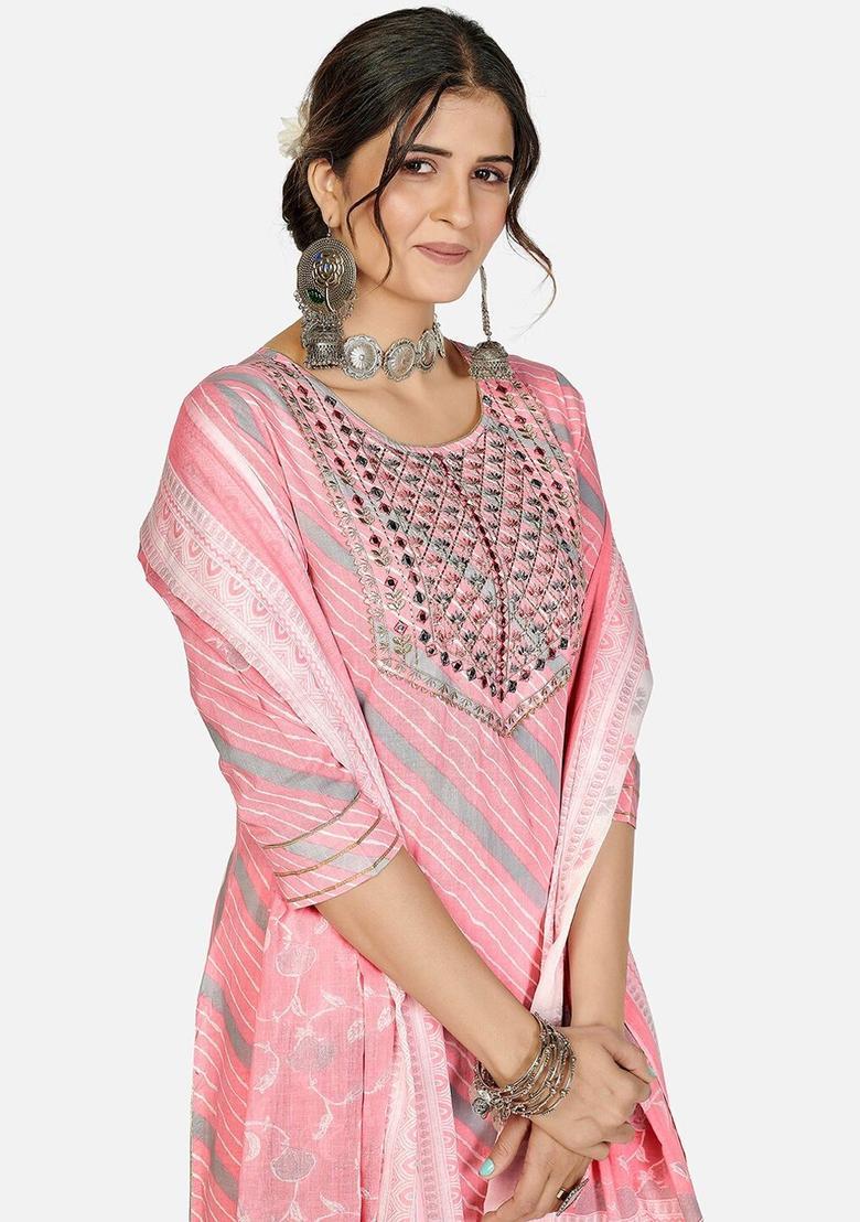 Pink Striped Cotton Kurta Set - Indya