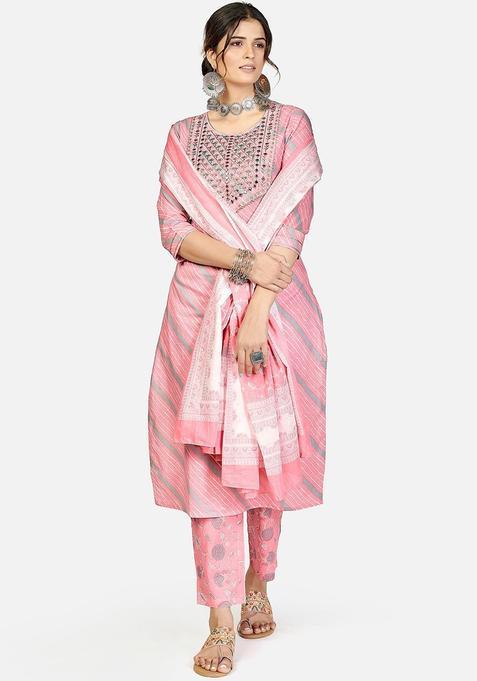 Pink Striped Cotton Kurta Set — view on Indya