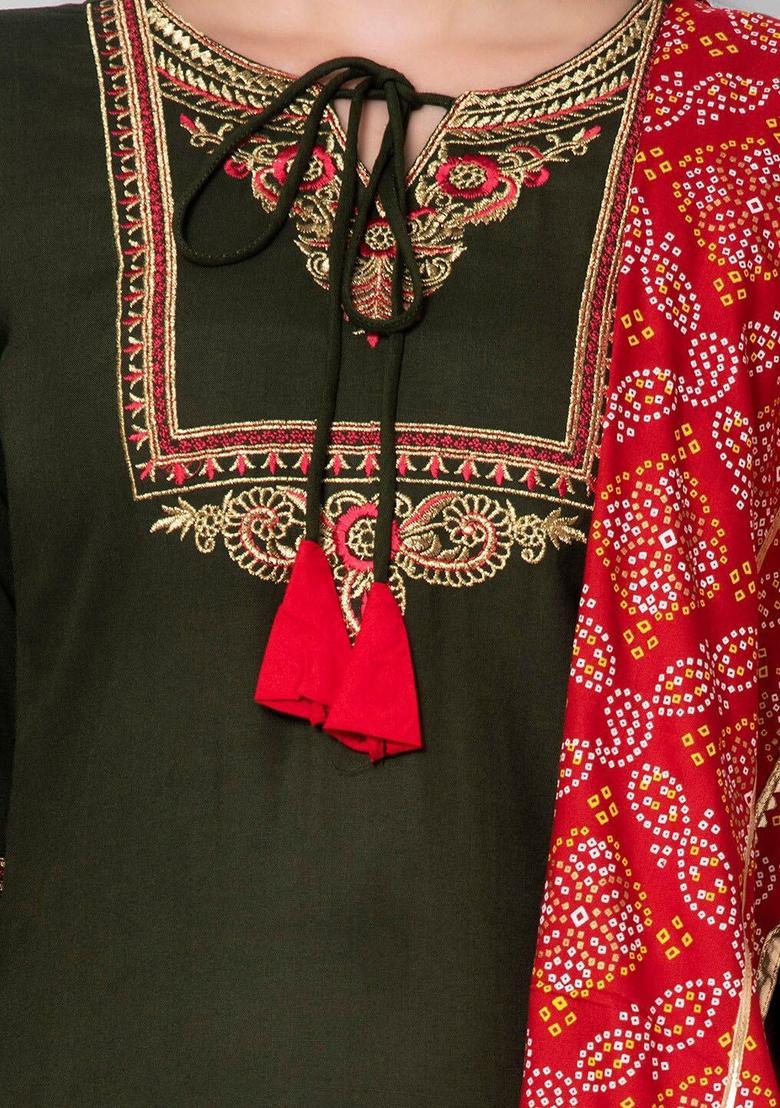 Green Solid Viscose Kurta Set - Indya