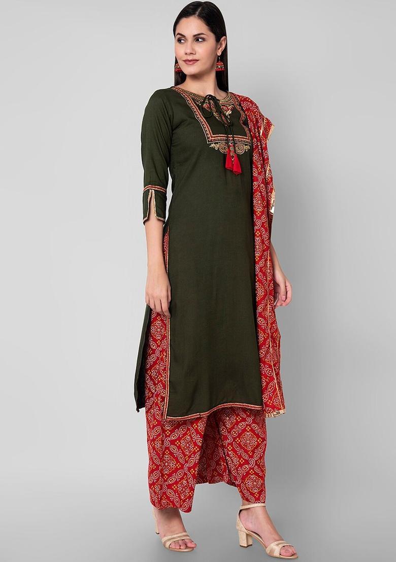 Green Solid Viscose Kurta Set - Indya